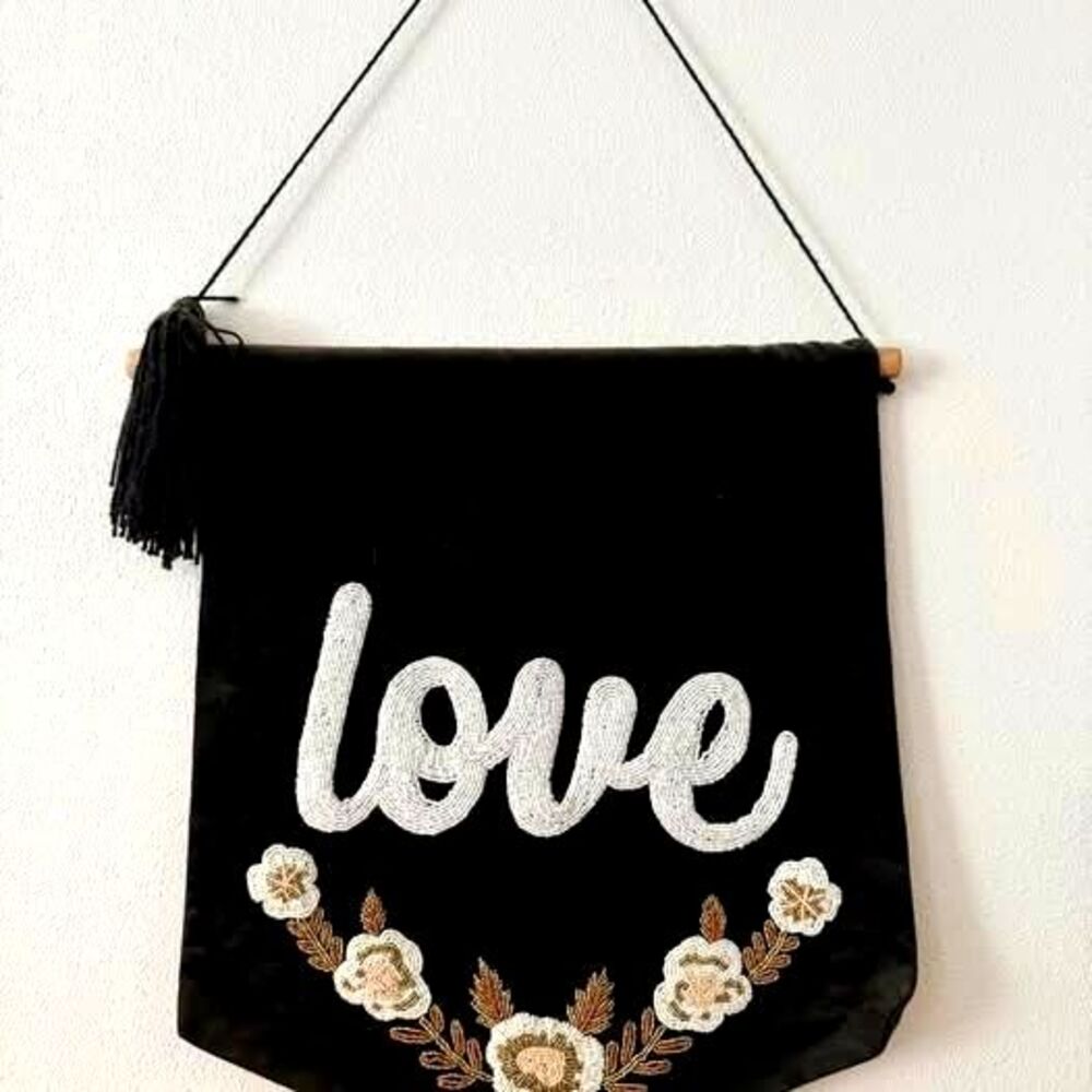 Boho Beaded Love black Wall Hanging Banner Floral Applique Embroidery